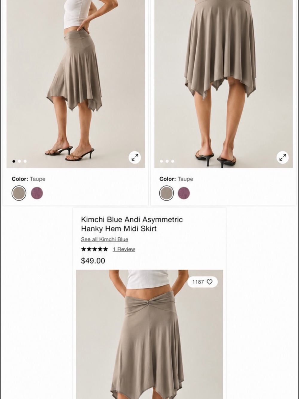 Kimchi Blue Taupe Asymmetric Hanky Hem Midi Skirt - Flowing A-Line